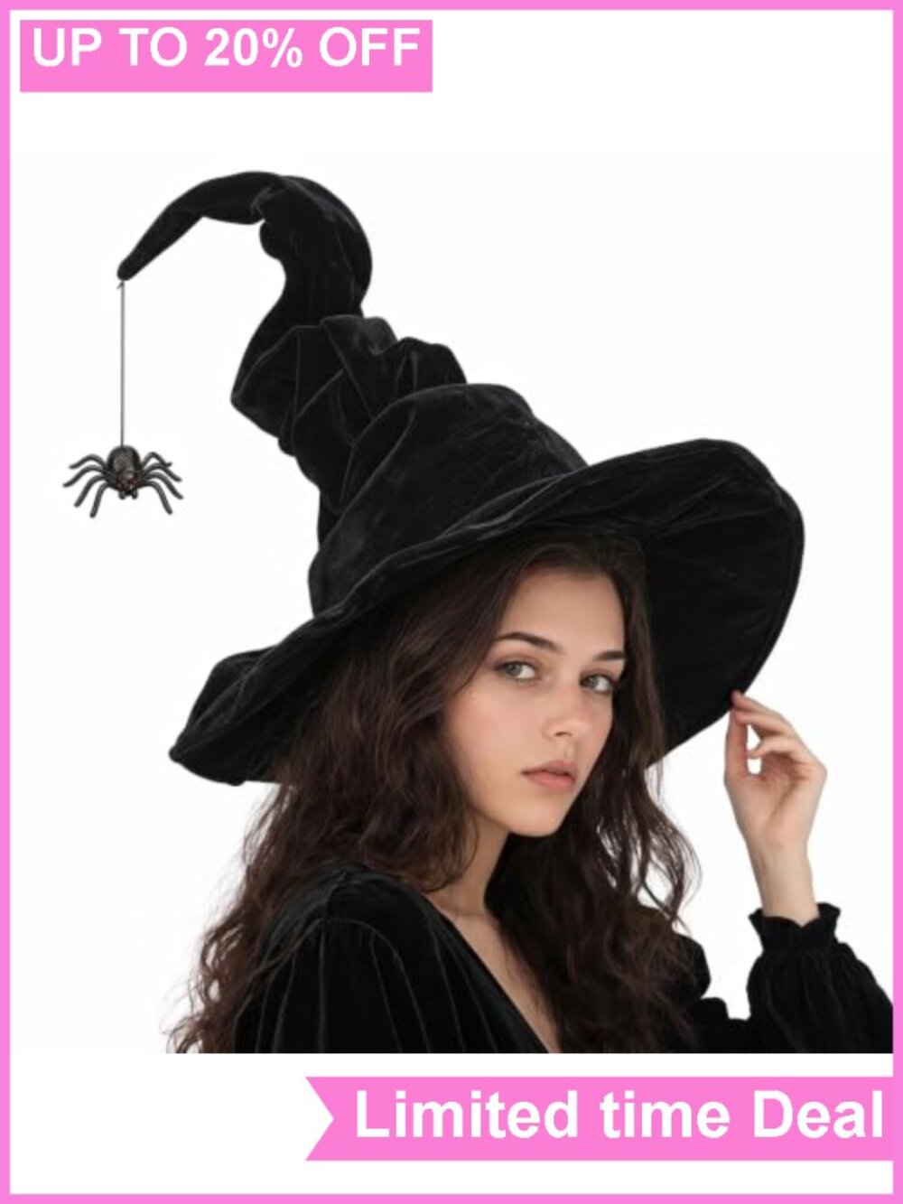 Velvet Witch Hat with Spider Charm Bendable Halloween Costume Headwear